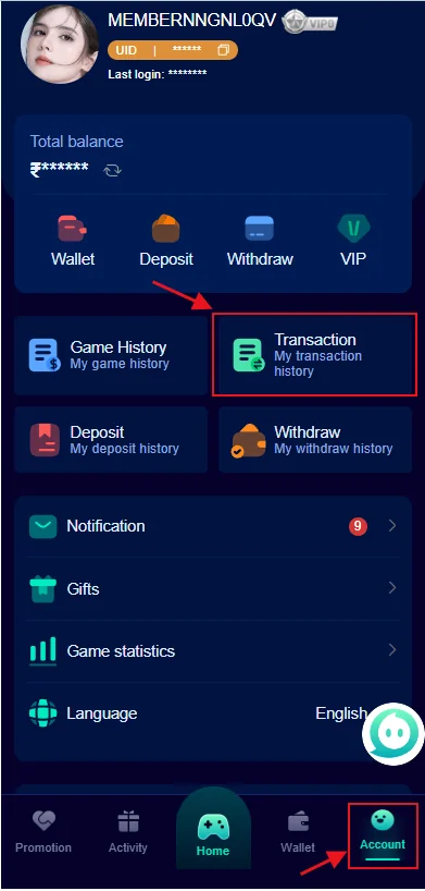 Jalwa Game account dashboard showing wallet, deposit, withdraw, history and settings