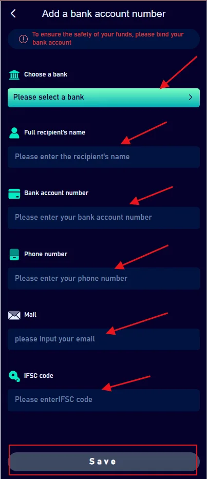 Jalwa Game add bank account screen