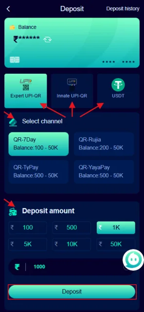 Jalwa Game deposit screen with payment channels and amount options