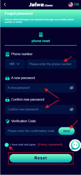 Jalwa Game forgot password screen with phone verification