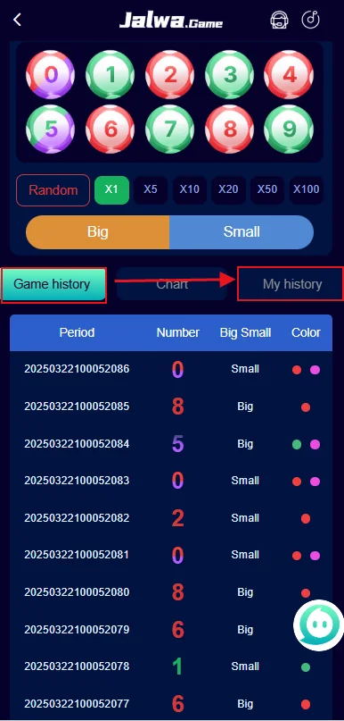 Jalwa Game game history showing period, number, size and color