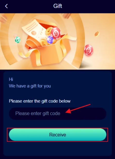 Jalwa Game gift code screen with code input and receive button