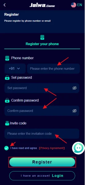 Jalwa Game registration screen with phone, password and invite code